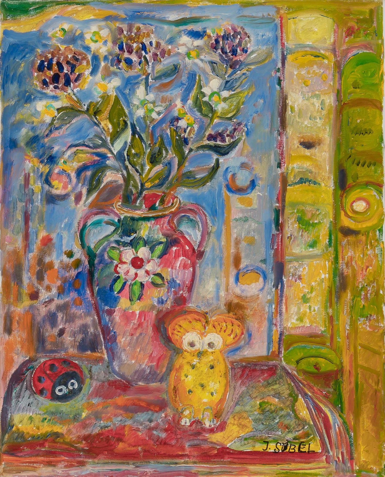 Jehudith Sobel Polish, 1924-2012 Still Life with Flowers, a Ladybug and a Bird (1 of 3)
