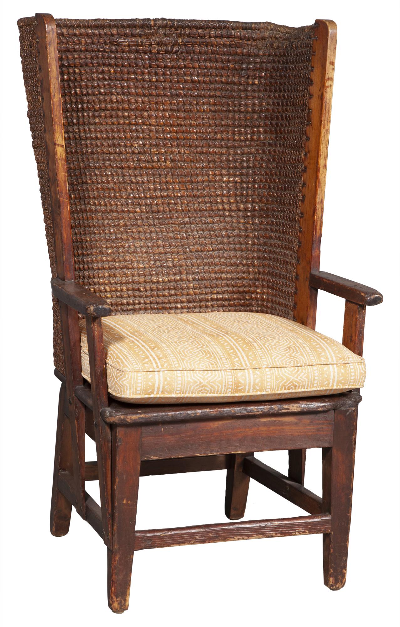 Stained Wood and Rush Orkney Chair: Stained Wood and Rush Orkney Chair Height 41 1/4 inches, width 23 1/4 inches, depth of seat 17 inches. C Collection of a New York and Hamptons Style Icon