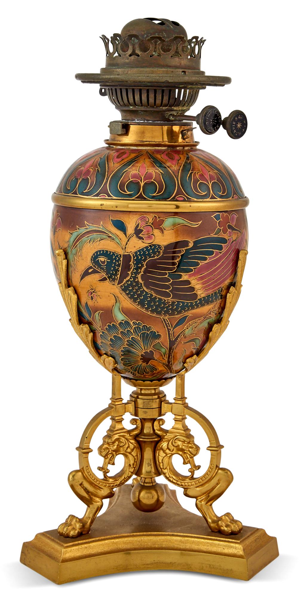 Gilt-Metal Zsolnay Porcelain Vase Mounted as an Oil Lamp (1 of 5)