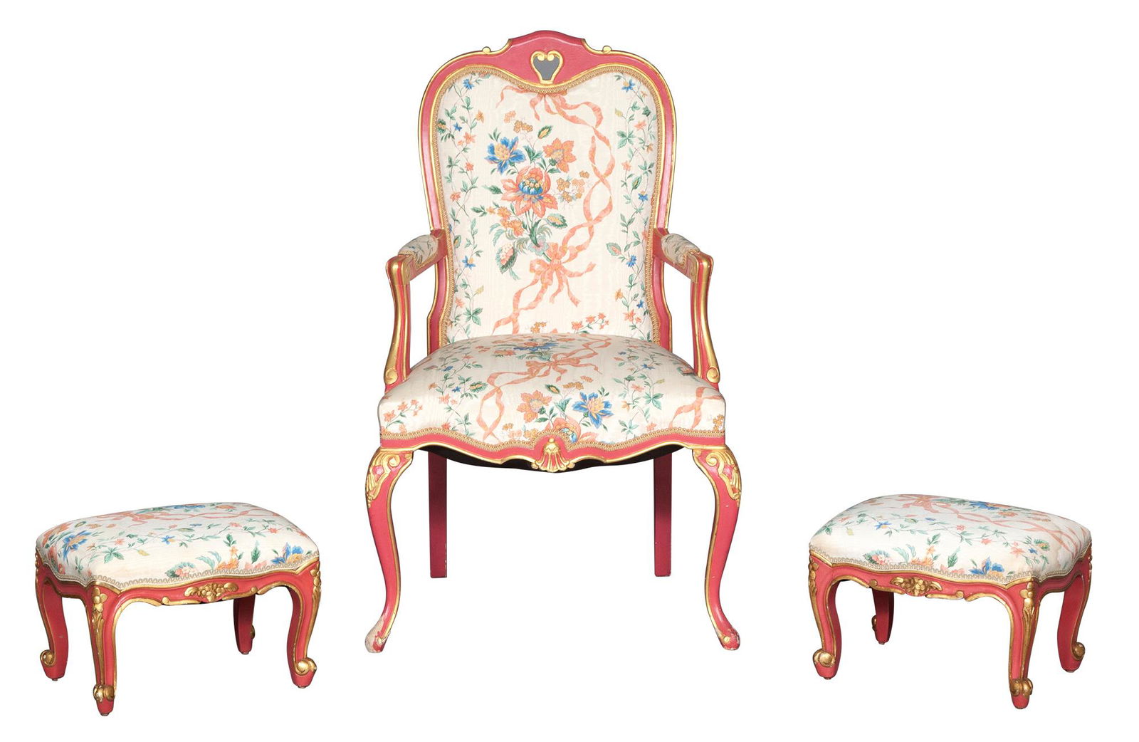 Three Venetian Style Red Painted Armchairs; Together with Two Stools en Suite (1 of 5)