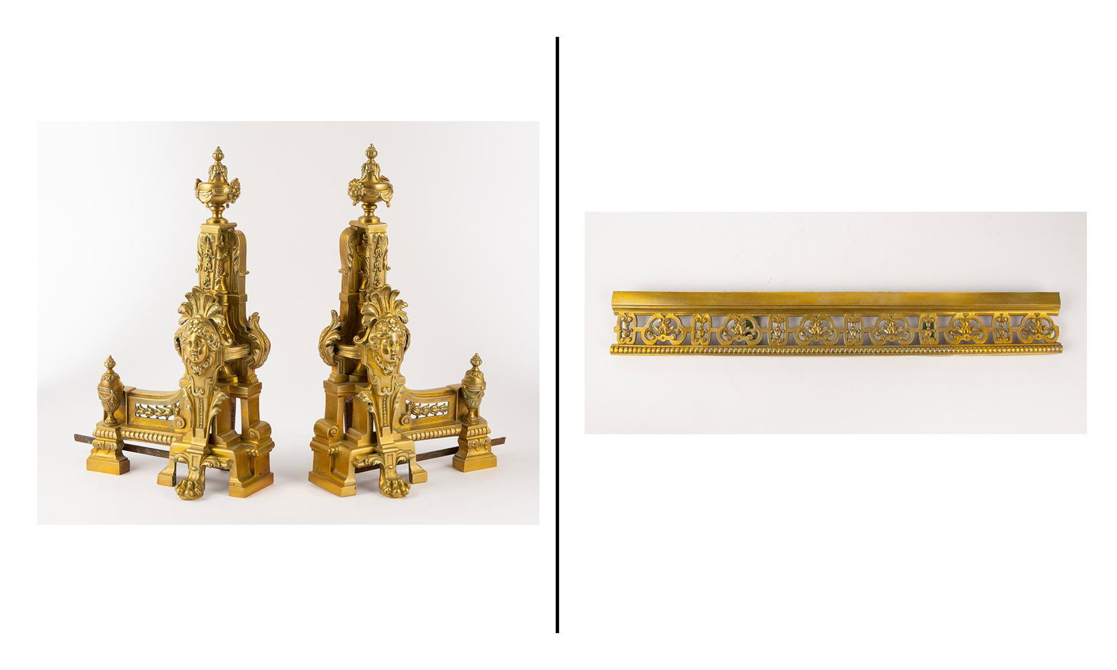 Pair of Louis XVI Style Gilt-Bronze Andirons and Fender: Pair of Louis XVI Style Gilt-Bronze Andirons and Fender Height of andirons 19 1/2 inches, length of fender 29 inches.. C