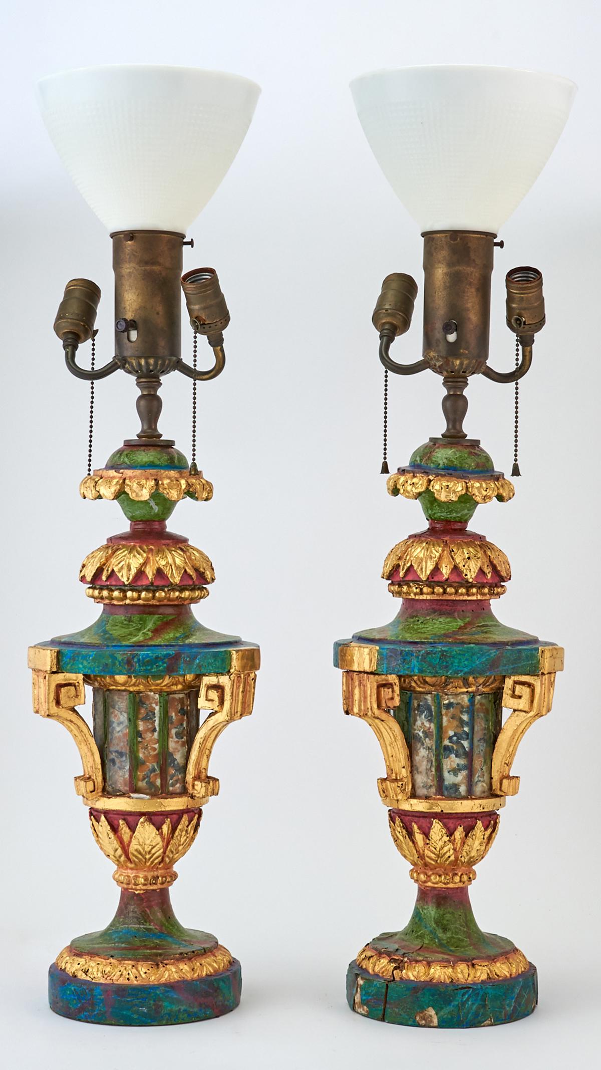 Pair of Neoclassical Style Part and Parcel-Gilt Wooden Lamps: Pair of Neoclassical Style Part and Parcel-Gilt Wooden Lamps Height overall 32 inches. C The Estate of a Park Avenue Lady