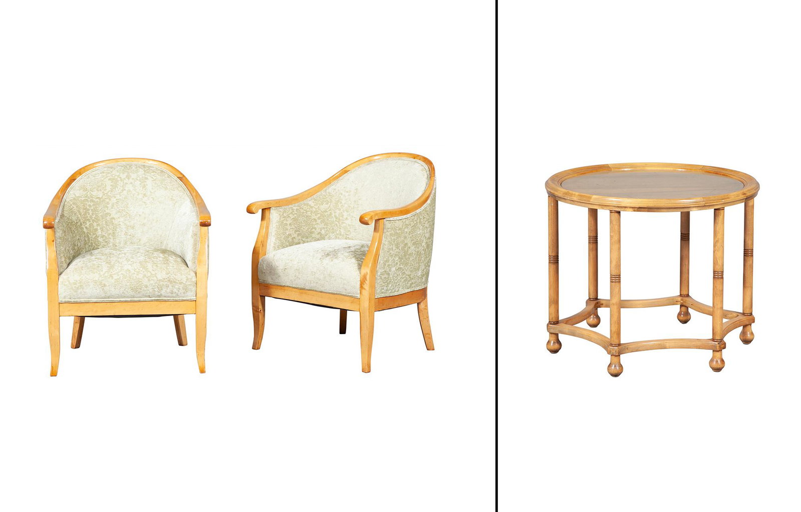 Pair of Upholstered Blondewood Tub Chairs; Together with a Blondewood Occasional Table: Pair of Upholstered Blondewood Tub Chairs Height 33 inches, width 26 1/2 inches, depth of seat 19 inches; Together with a Blondewood Occasional Table, height 24 1/4 inches, diameter 29 1/2 inches. C