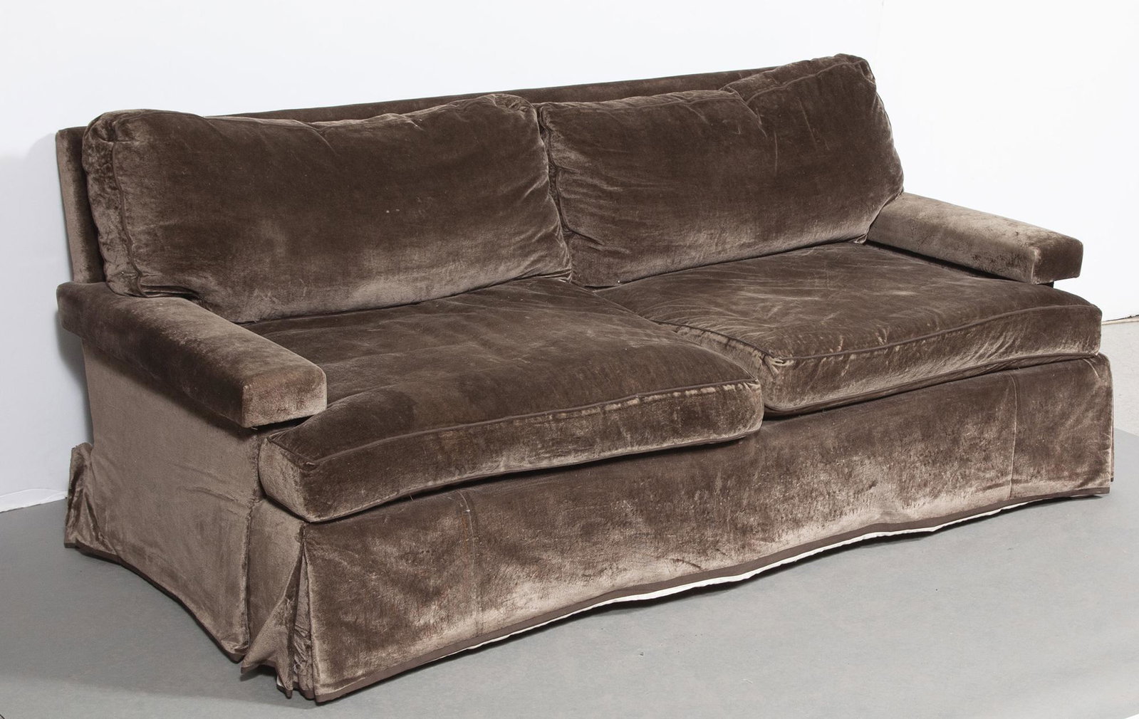 Velvet Upholstered Sofa: Velvet Upholstered Sofa Height 32 inches, width 79 inches, depth of seat 27 inches. C