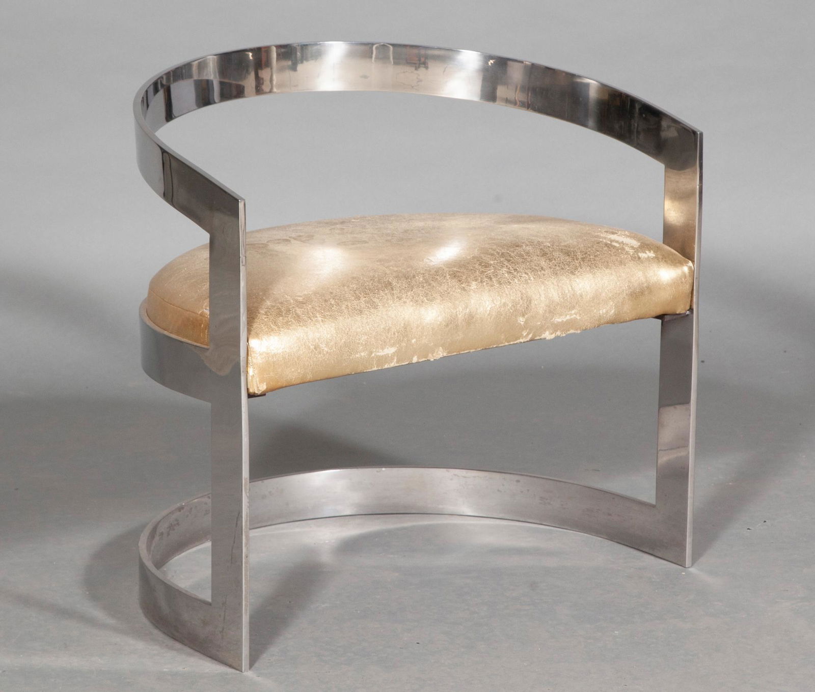 Karl Springer Style Low Polished Stainless Steel and Upholstered Demilune Vanity Chair (1 of 5)