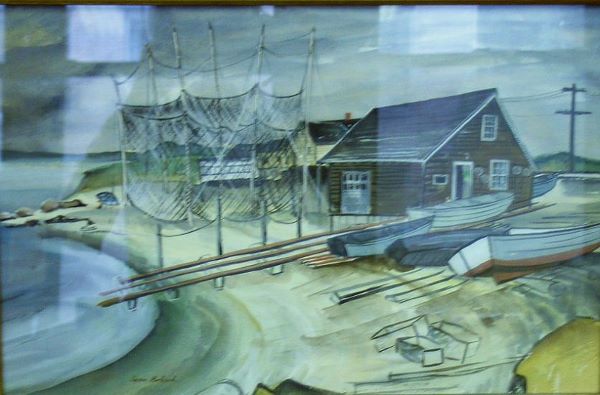 Aaron Bohrod American, 1907-1992 FISH SHACK WITH: Aaron Bohrod American, 1907-1992 FISH SHACK WITH DRYING NETS Signed Aaron Bohrod (ll) Watercolor heightened with white on paper 12 1/8 x 18 5/8 inches