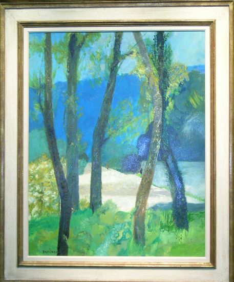 Guy Bardone French, b.1927 LE RIVIERE ET LA ROUTE: Guy Bardone French, b.1927 LE RIVIERE ET LA ROUTE Signed Bardone (ll) and titled on the stretcher Oil on canvas 36 1/4 x 28 3/4 inches