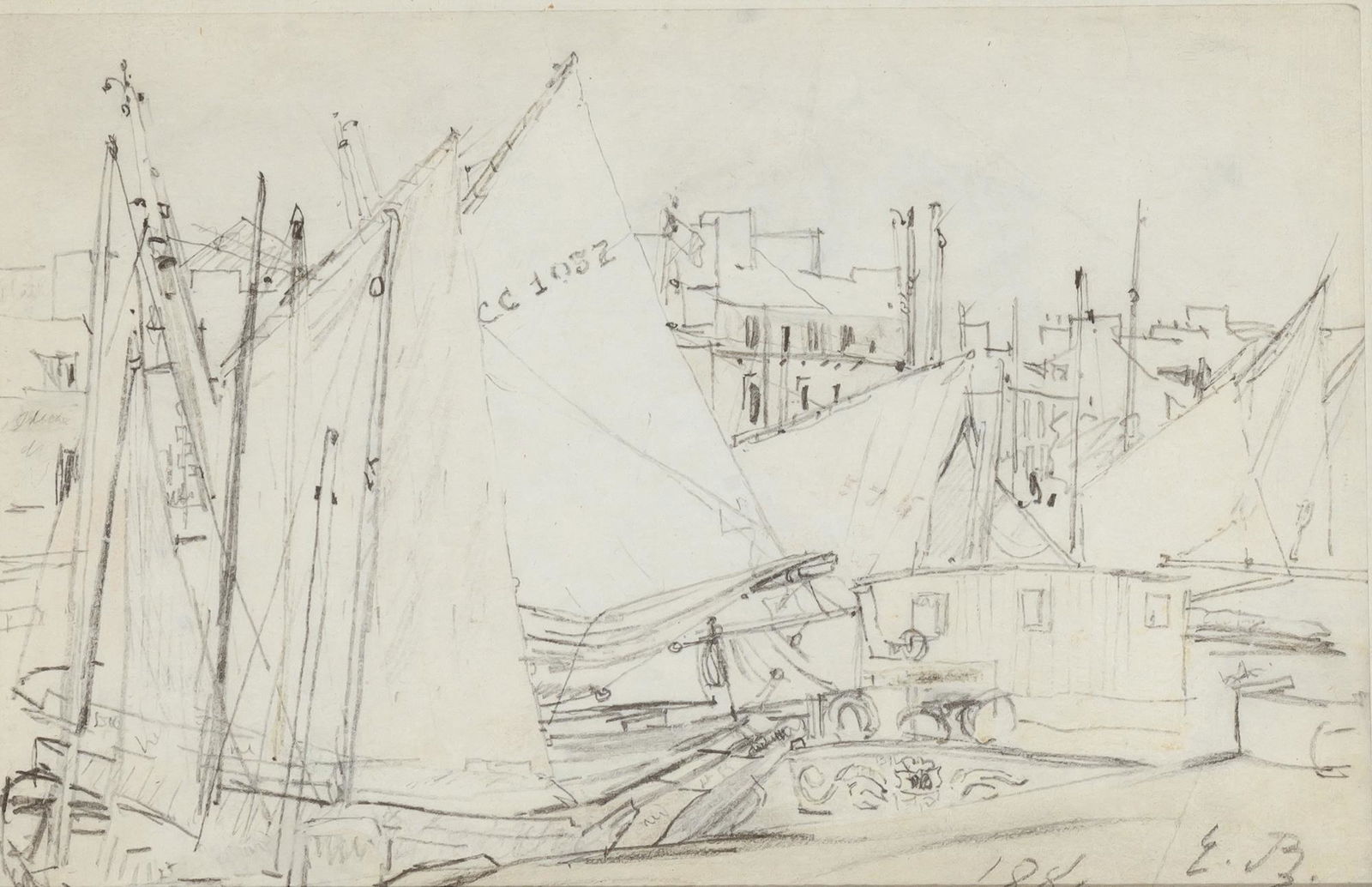 Attributed to Eugene Boudin: Attributed to Eugene Boudin Harbor Scene, 1889 Initialed and dated E.B. 1889 (lr) Pencil on paper 5 1/8 x 8 inches (13 x 20.32 cm) C Property from the Collection of Helen Sonnenberg Tucker