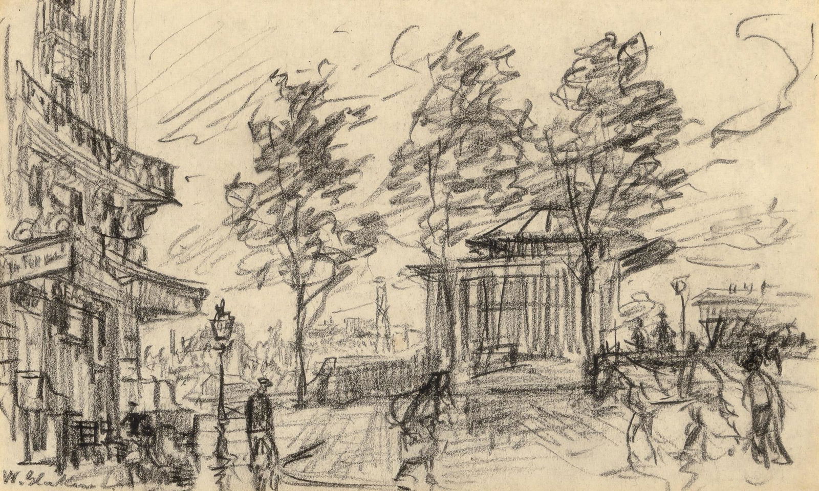 William Glackens: William Glackens American, 1870-1938 Street Scene, Paris Signed W. Glackens (ll) Charcoal on paper laid down on board 5 1/8 x 8 3/8 inches (13 x 21.3 cm) Provenance: Ex-collection Mr. Ira Glackens Kra
