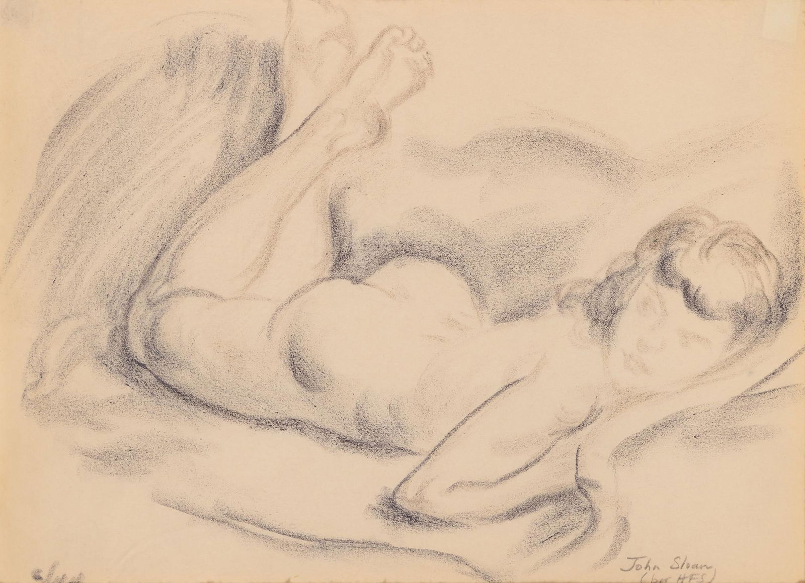 John Sloan: John Sloan American, 1871-1951 Green and Violet Nude, 1944 Signed John Sloan (per HFS) (lr), dated 6/44 (ll) Crayon on paper Sight 7 1/4 x 9 3/4 inches (18.41 x 24.76 cm) Provenance: Arnold Finkel Gal