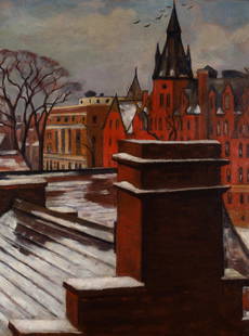 Samuel Halpert: Samuel Halpert American, 1884-1930 Rooftops (The Church), 1929 Signed S. Halpert. (lr), signed and inscribed The Church./by/S. Halpert. on a label affixed to the reverse Oil on paperboard laid down on