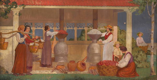 Circle of Pierre Puvis de Chavannes: Circle of Pierre Puvis de Chavannes Harvest Scene Oil on canvas 36 x 68 inches (91.44 x 172.72 cm) C From the Collection of Daniela Morera