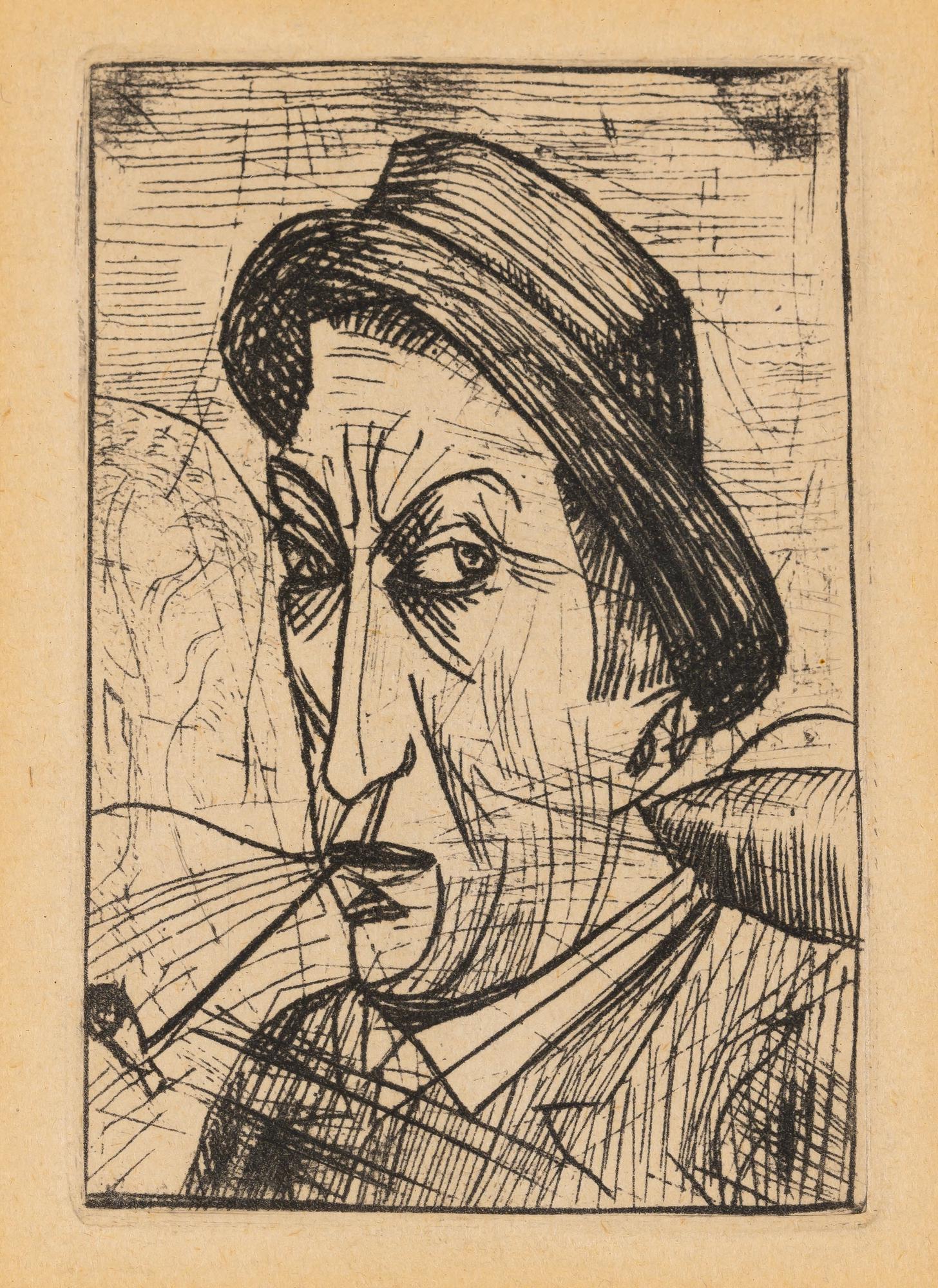 André Derain (1880-1954): André Derain (1880-1954) SELF-PORTRAIT Etching, and drypoint, 1913, on laid paper, with full margins, framed. Plate 3 1/4 x 2 1/4 inches; 83 x 57 mm. Sheet 9 1/2 x 6 3/8 inches; 241 x 162 mm. Fra