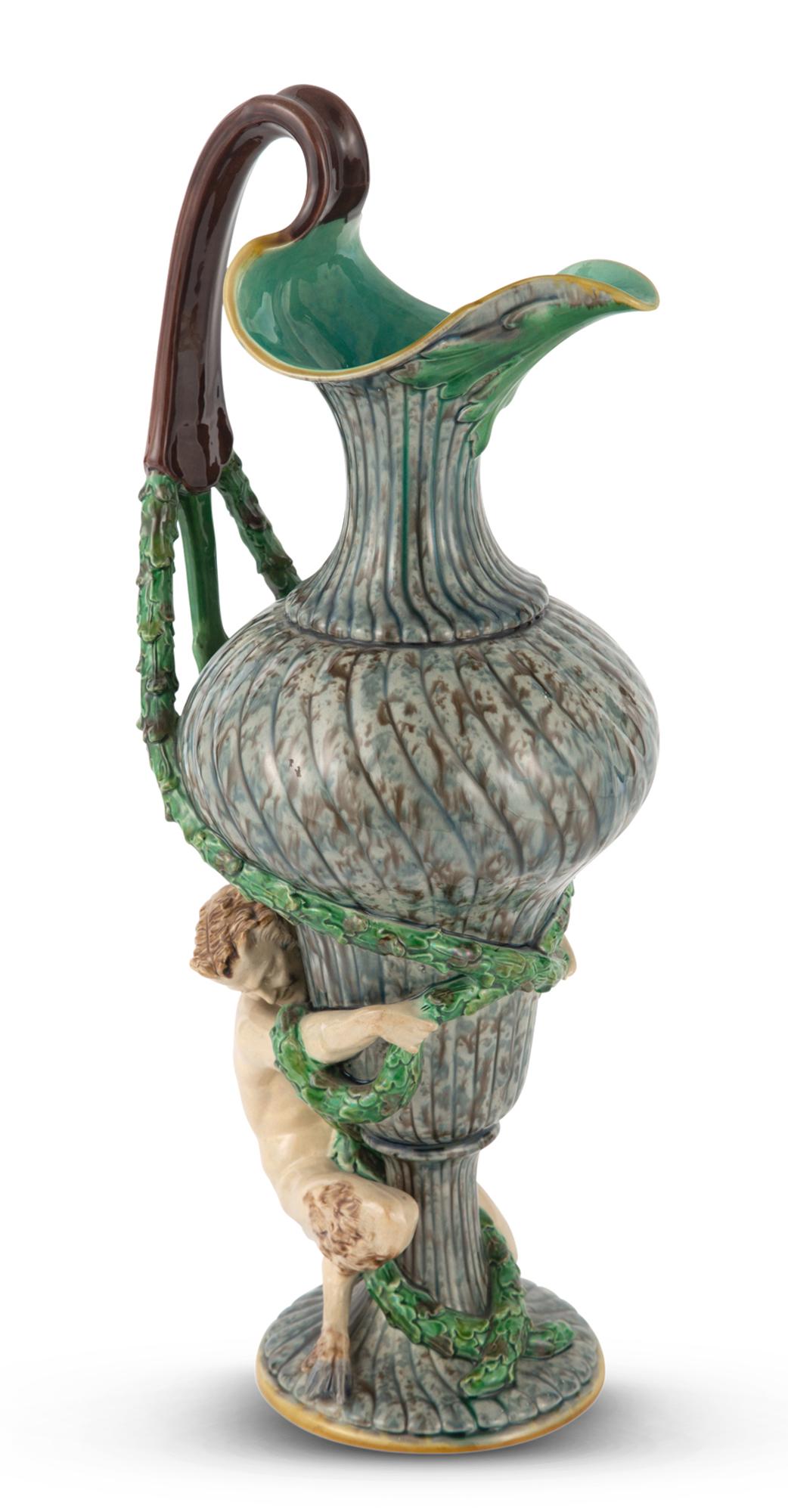 Minton Majolica Renaissance Style Spiral-Molded Ewer with Satyr Recorded as shape no. 843, date (1 of 12)