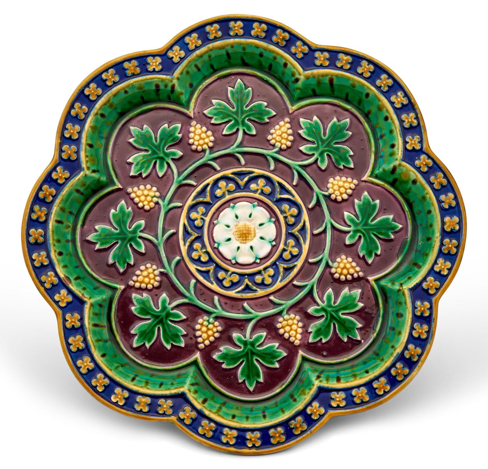 Minton Majolica Gothic Revival Lobed Dish Designed by A.W.N. Pugin, date cypher for 1862 Of