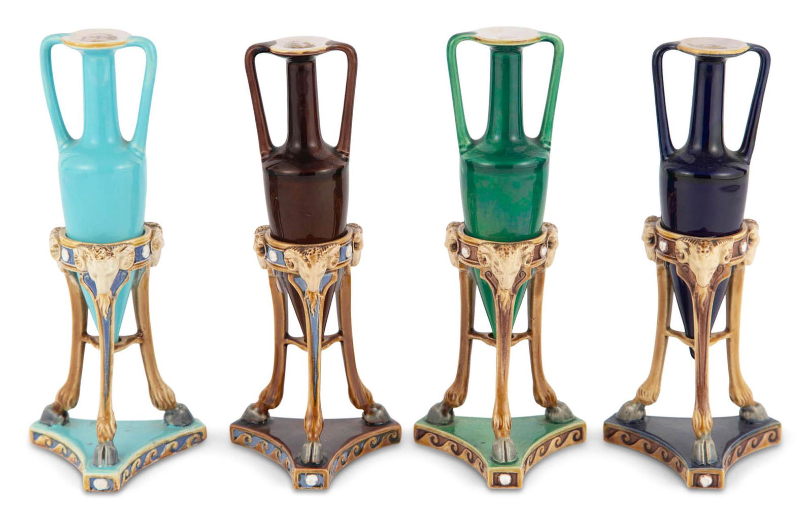 Four Minton Miniature Majolica Amphorae and Tripartite Stands Date cyphers for 1859, 1860, 1863 (1 of 7)