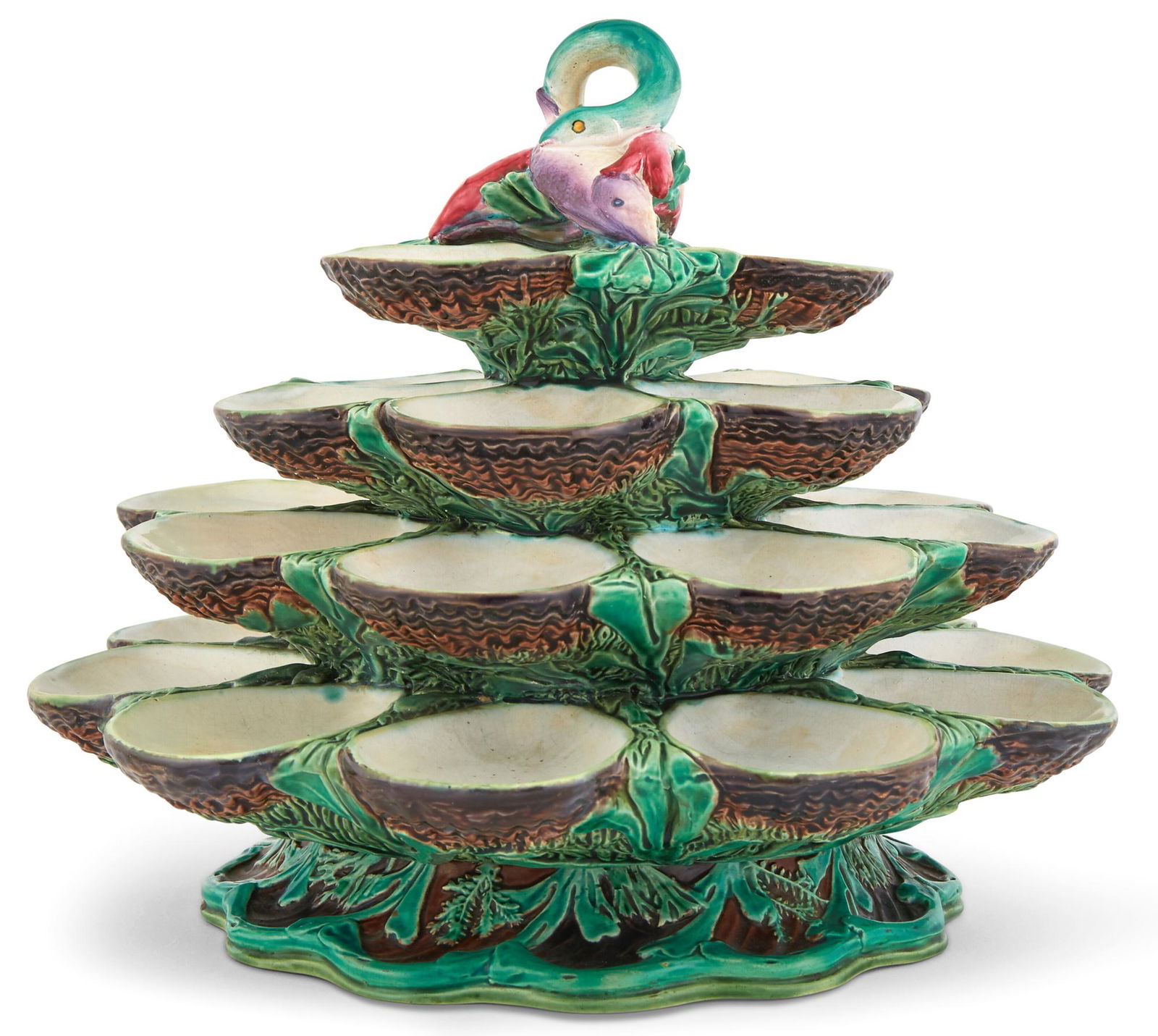 Minton Majolica Four-Tier Oyster Revolving Stand Shape no. 636, date cypher for 1863 Molded with an (1 of 6)