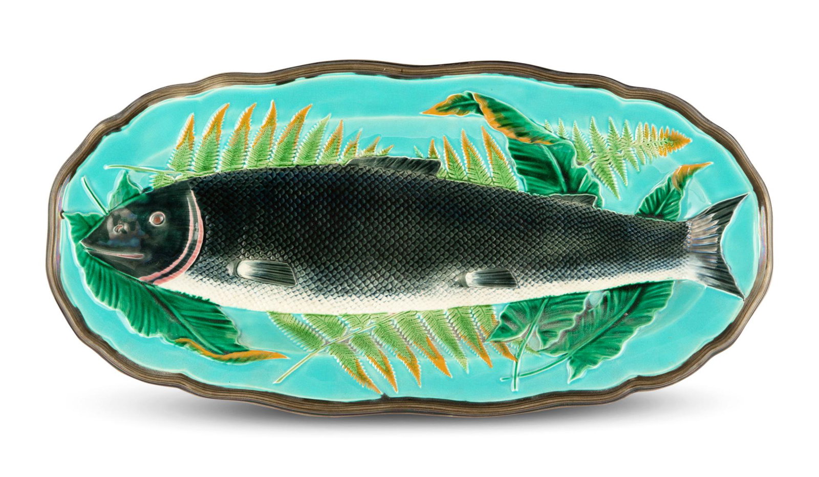Josiah Wedgwood & Sons Majolica Turquoise-Ground Salmon Platter Date code for 1877 Naturalistically (1 of 8)
