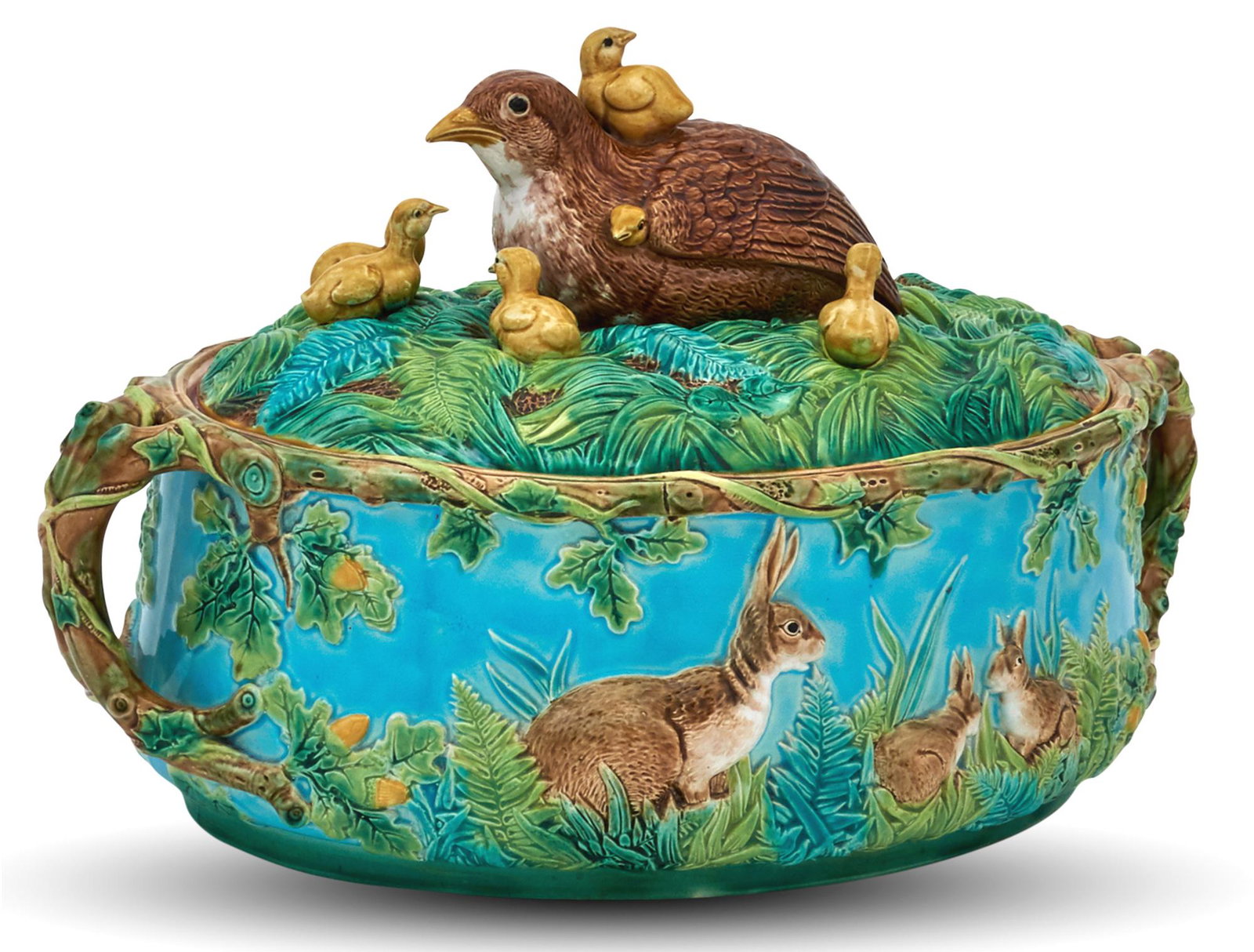 George Jones Majolica 'Full Nest' Game-Pie Dish, Liner and Cover Circa 1873 Oval, flanked by oak (1 of 5)