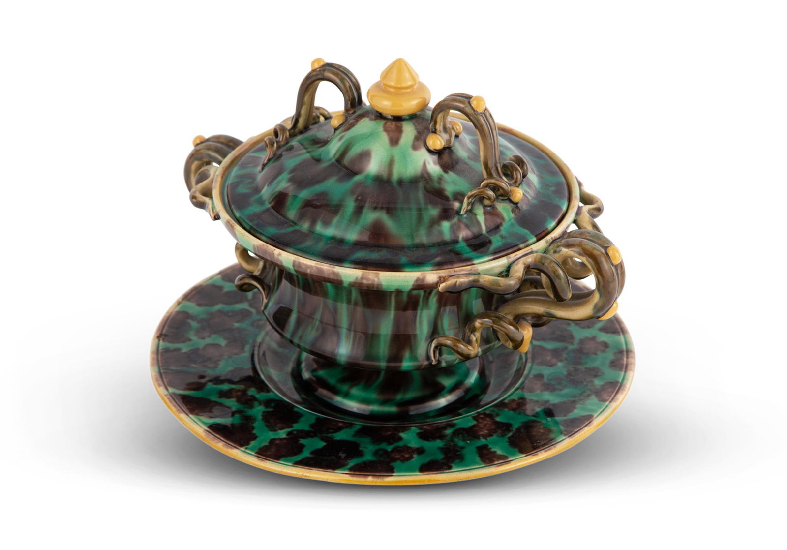 Palissy Style Majolica Two-Handled Tortoiseshell-Ground Broth Bowl, Cover and Stand Probably (1 of 11)