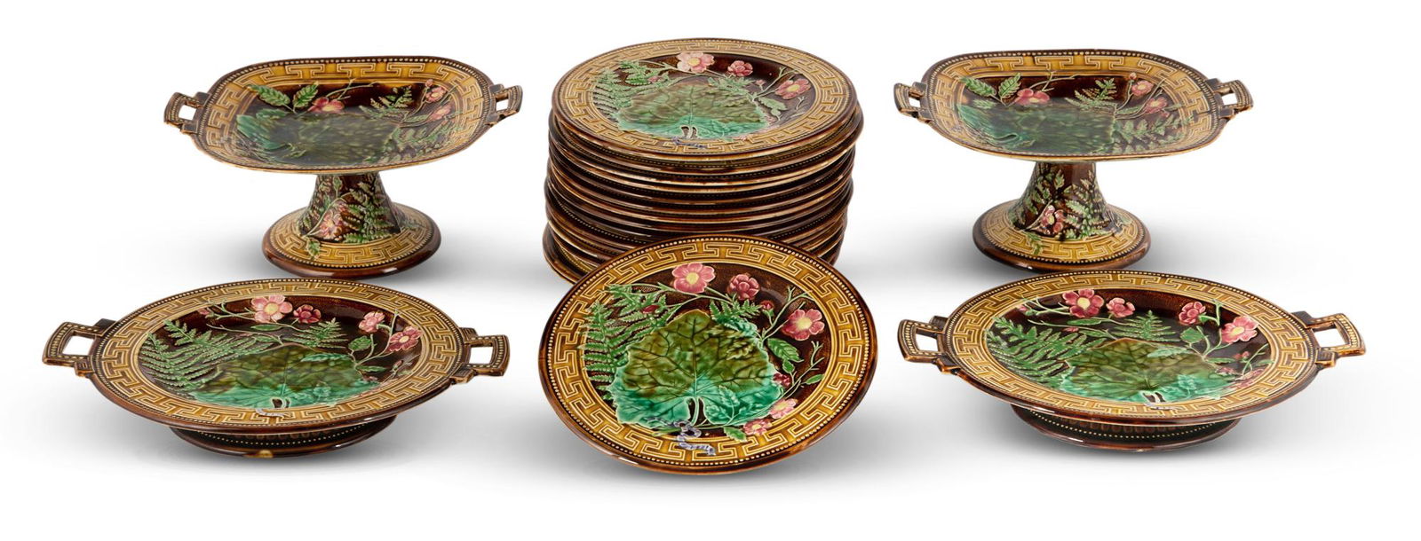 Assembled H.B. & Cie. Choisy-Le-Roi Majolica Flower, Foliage and Key-Pattern Part Dessert Service (1 of 20)
