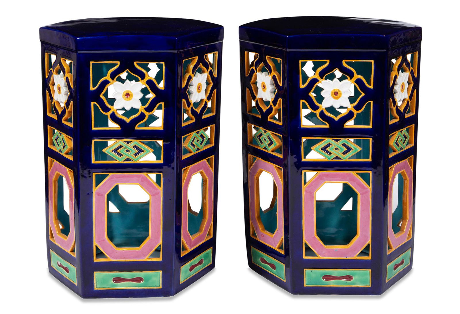 Pair of Minton Majolica Cobalt-Blue Ground Reticulated Garden Seats Shape no. 1364, date cypher for (1 of 9)