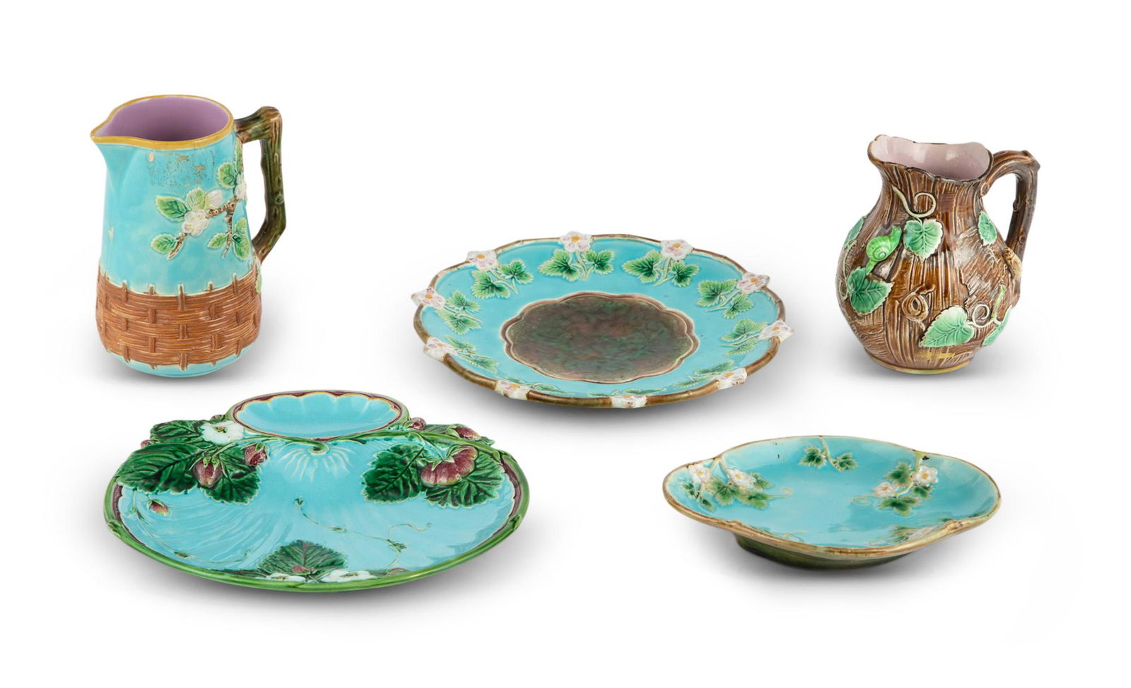 Group of English Majolica Table Articles Comprising a George Jones turquoise-ground lobed circular (1 of 12)