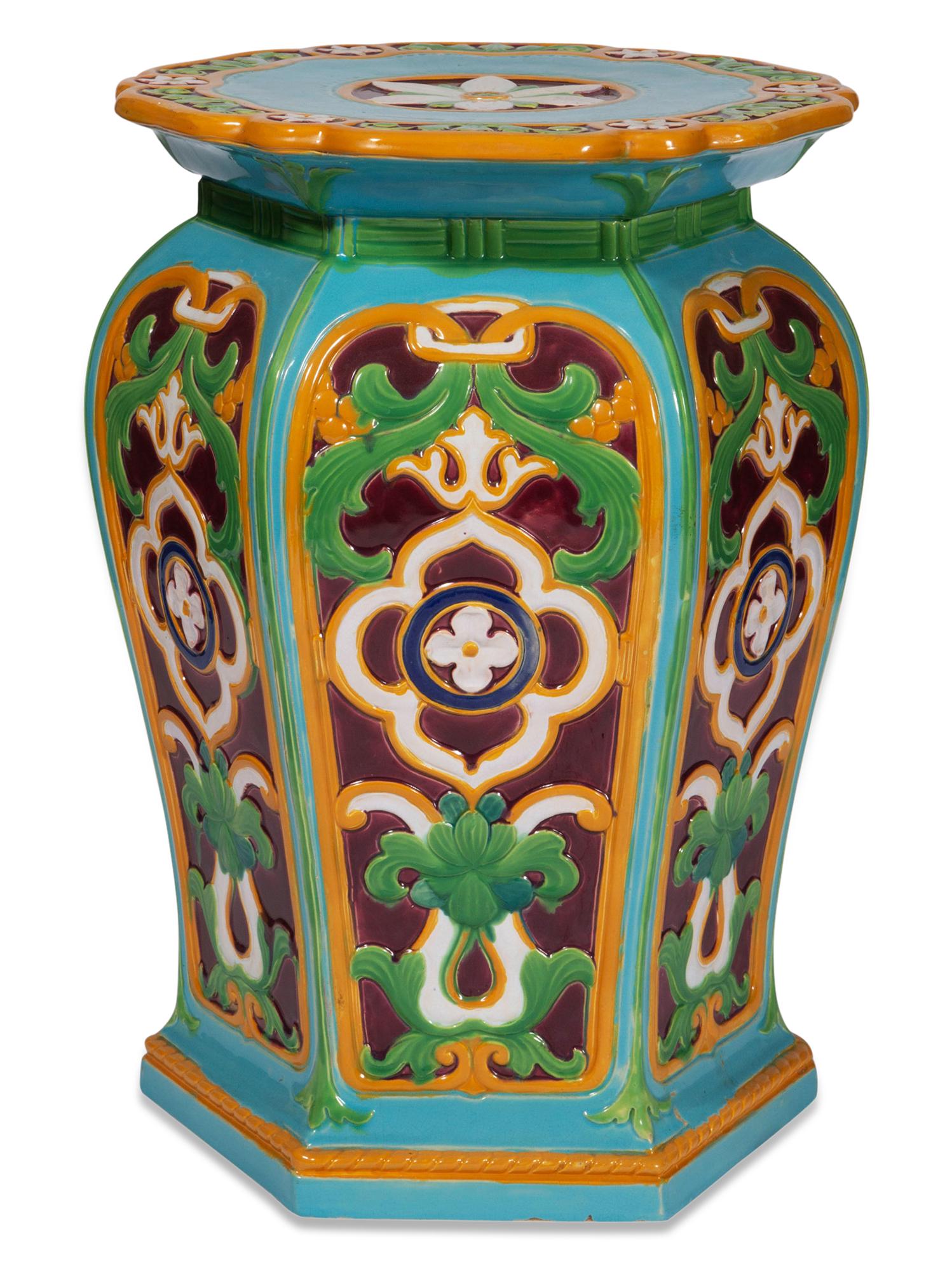 Minton Majolica Turquoise-Ground Gothic Revival 'Indian' Garden Seat Shape no. 588, date cypher for (1 of 7)