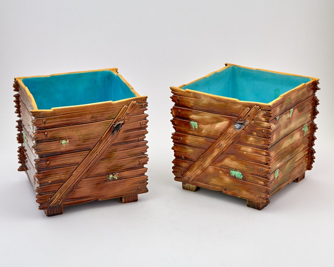 Pair of George Jones Majolica Mottled Brown 'Rustic Plank' Cache-Pots Circa 1875 Each modeled as a (1 of 3)