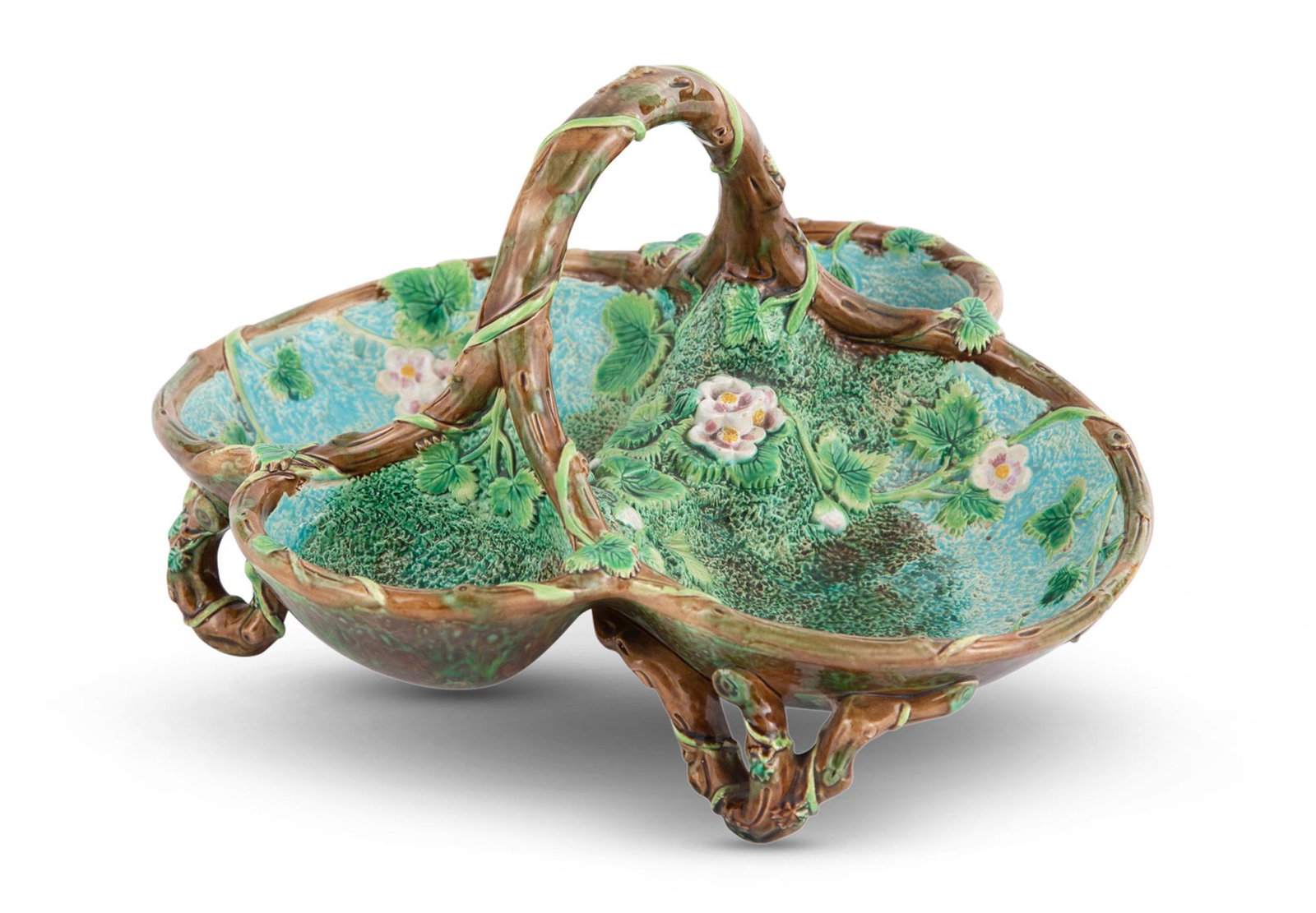 George Jones Majolica Turquoise-Ground Strawberry Basket Recorded as pattern no. 3300, circa 1873: George Jones Majolica Turquoise-Ground Strawberry Basket Recorded as pattern no. 3300, circa 1873 Quatrefoil, the four-compartment server, molded with strawberry blossom, the handle, and feet as vine,