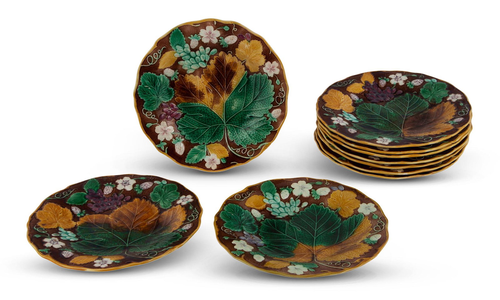 Ten Josiah Wedgwood & Sons Majolica Brown-Ground Grape and Strawberry Plates Date codes circa 1870 (1 of 7)