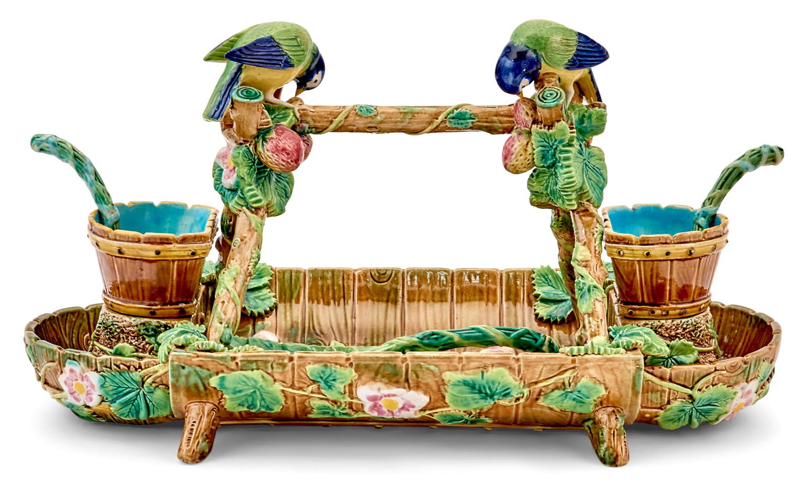 George Jones Majolica Six-Piece 'Marie' Strawberry Server Set Circa 1875 The oval stand modeled as a (1 of 4)