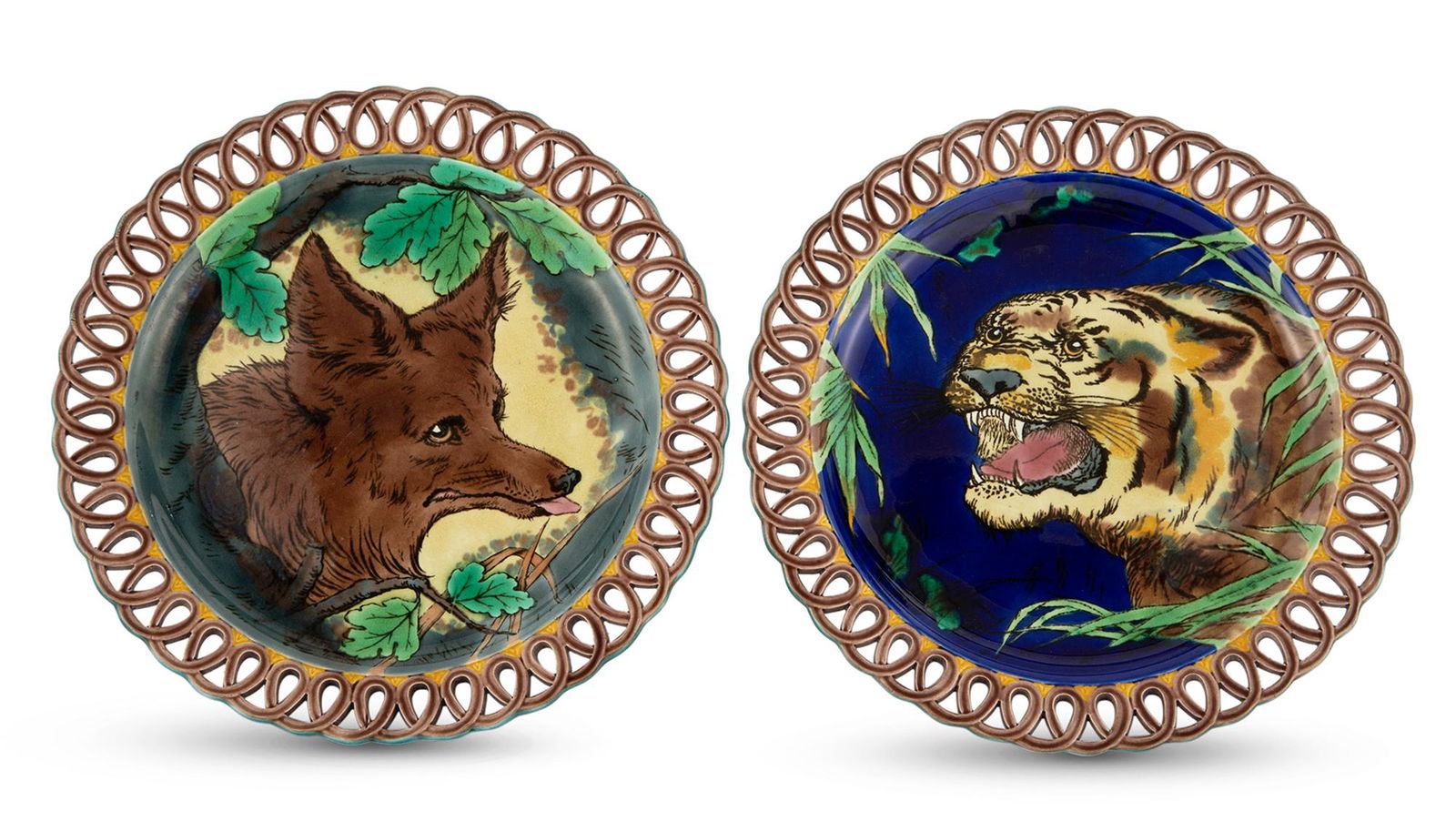 Two Josiah Wedgwood & Sons Majolica Pierced 'Fresco Head' Series Plates Designed by Henry Hope (1 of 8)