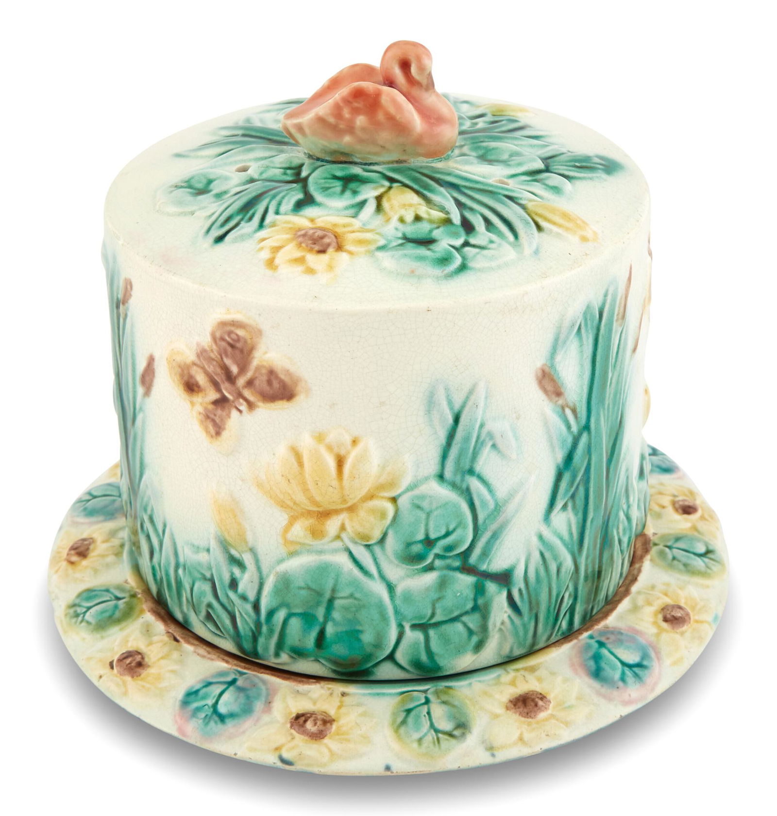 Griffen, Smith & Hill, Etruscan Majolica 'Swan and Water Lily' Cheese Keeper and Stand Recorded as (1 of 9)