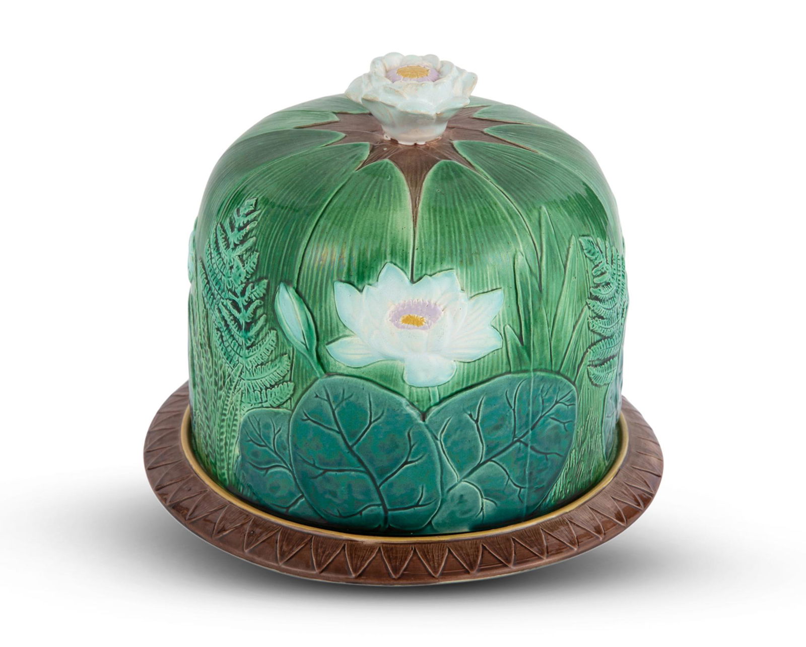 Joseph Holdcroft Majolica Water Lily Cheese Dome and Stand Circa 1870 The domed cover with a white (1 of 8)