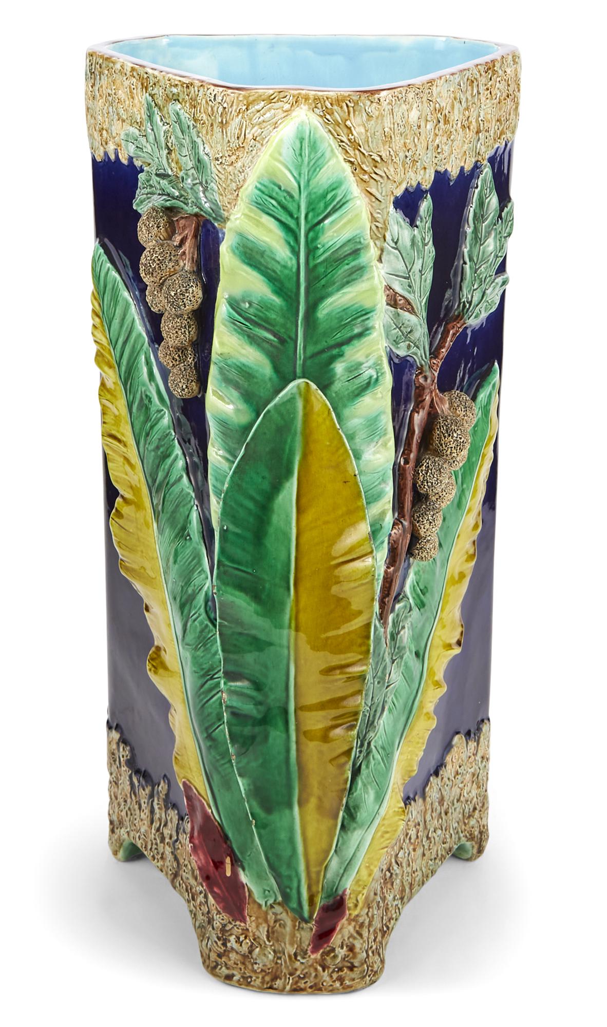 Joseph Holdcroft Majolica Cobalt-Blue Ground Umbrella or Stick Stand Circa 1880 Of canted triangular (1 of 6)