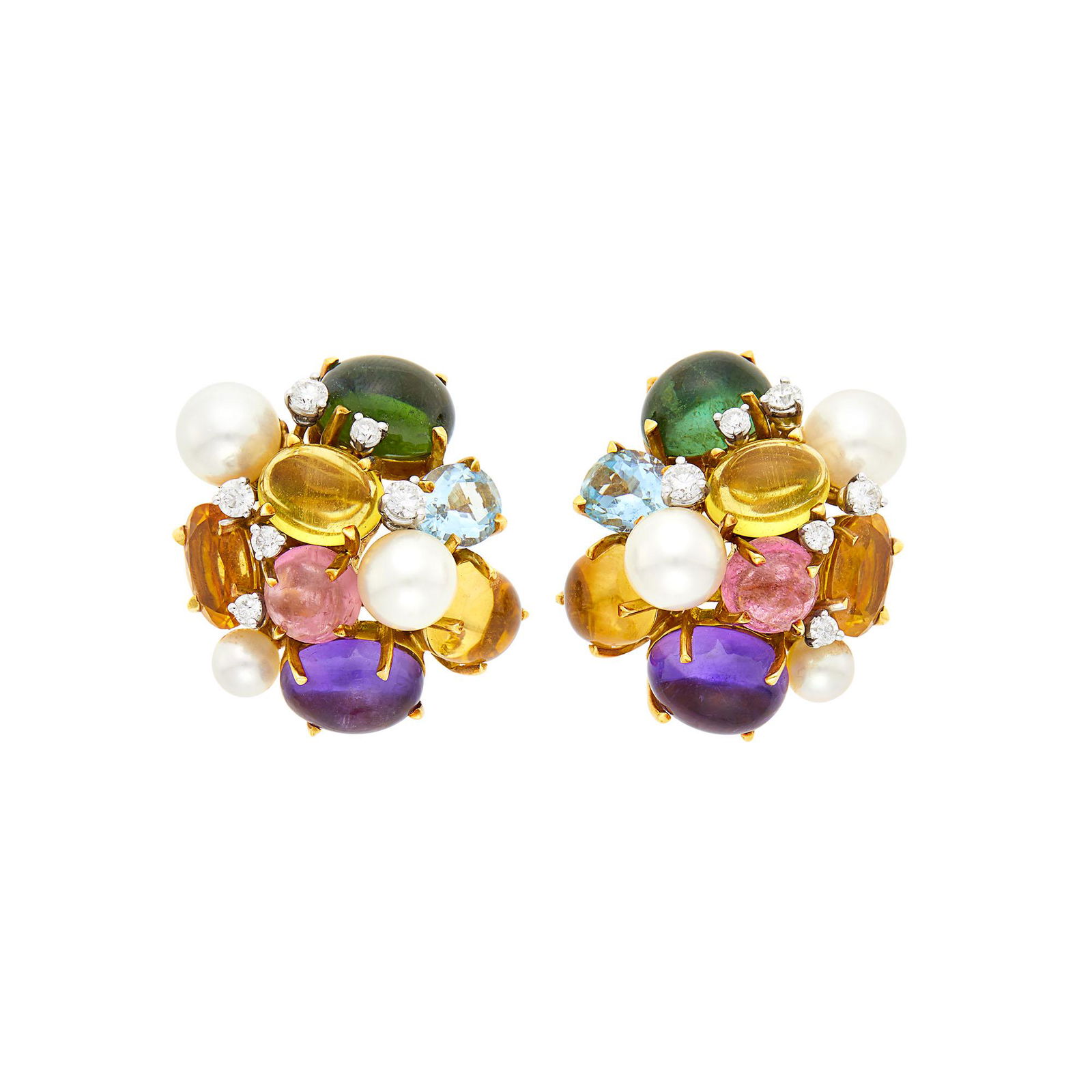 Seaman Schepps Pair of Gold, Cabochon Colored Stone, Diamond and Cultured Pearl 'Bubble' Cluster (1 of 3)