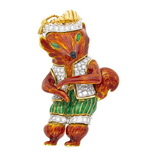 Donald Claflin for Tiffany & Co. Gold, Platinum, Enamel and Diamond Fox Clip-Brooch: Donald Claflin for Tiffany & Co. Gold, Platinum, Enamel and Diamond Fox Clip-Brooch 18 kt., patterned reddish orange enamel fur, green enamel eyes and striped pants, black enamel nose, 103 round