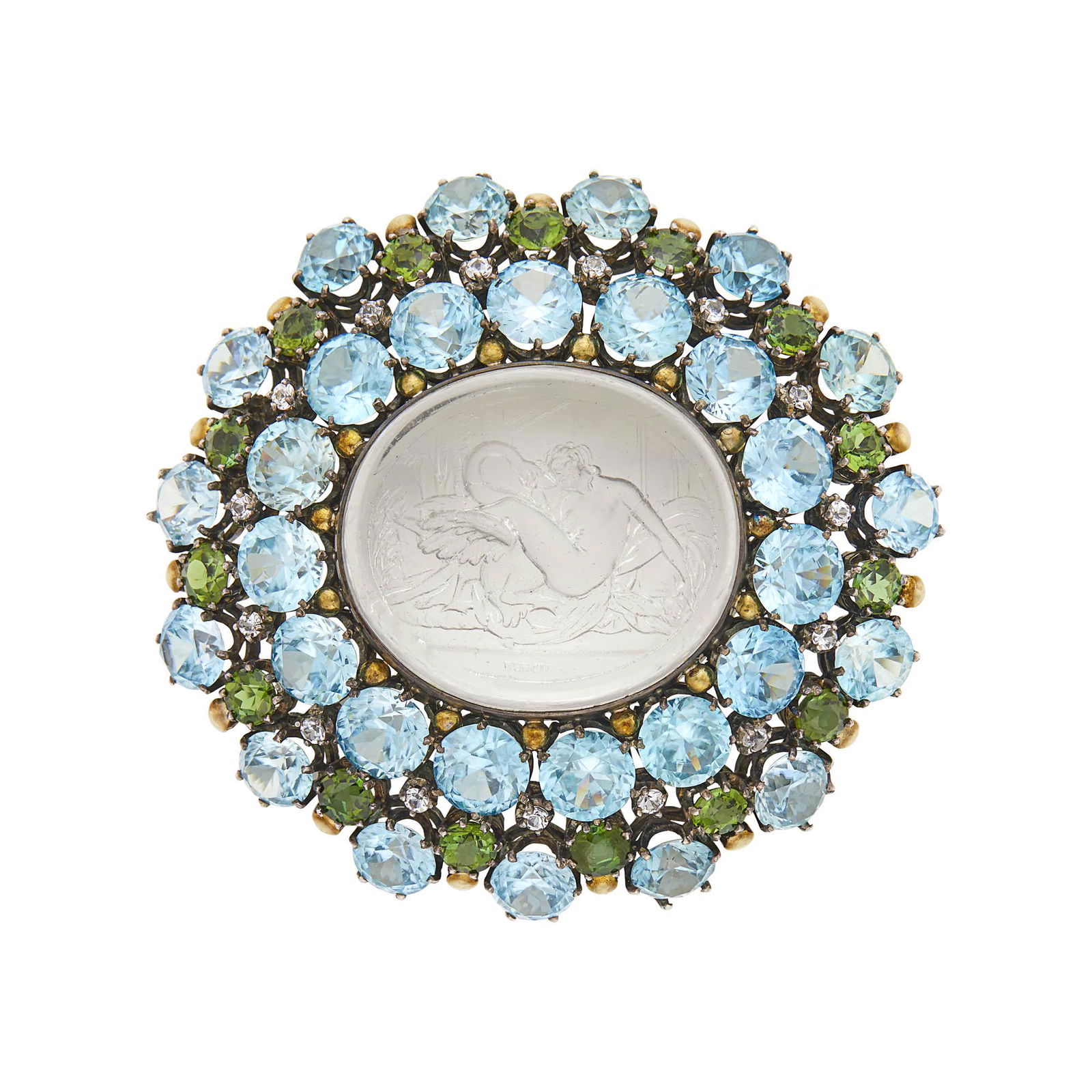 Attributed to Dorrie Nossiter Arts and Crafts Silver, Crystal Intaglio, Blue Zircon, Tourmaline and: Attributed to Dorrie Nossiter Arts and Crafts Silver, Crystal Intaglio, Blue Zircon, Tourmaline and Paste Brooch Oval reverse crystal intaglio of Leda and the Swan ap. 27.0 x 24.0 mm., 30 round blue z