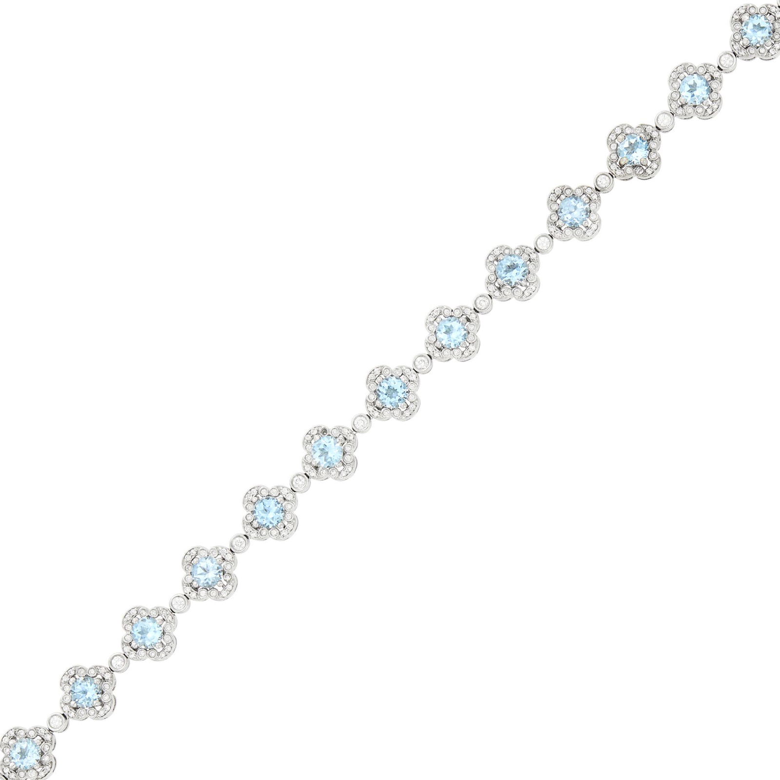 Charles Krypell White Gold, Blue Topaz and Diamond Bracelet: Charles Krypell White Gold, Blue Topaz and Diamond Bracelet 18 kt., round blue topaz, round diamonds ap. 1.50 cts., signed C. Krypell, nos. obscured, ap. 17.6 dwts. Length 7 3/8 inches. C