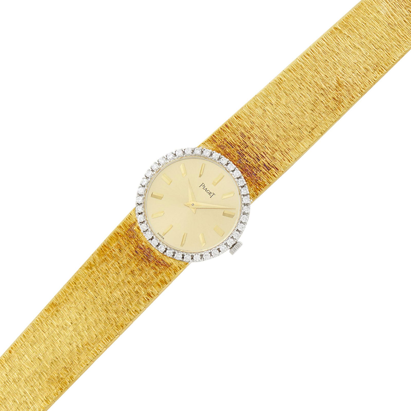 Piaget Gold and Diamond Wristwatch, Ref. 926A6: Piaget Gold and Diamond Wristwatch, Ref. 926A6 18 kt., mechanical, circular gold-tone dial, gold-tone bar markers, 36 round diamonds ap. .70 ct., dia. ap. 24 mm., articulated textured link bracelet, f