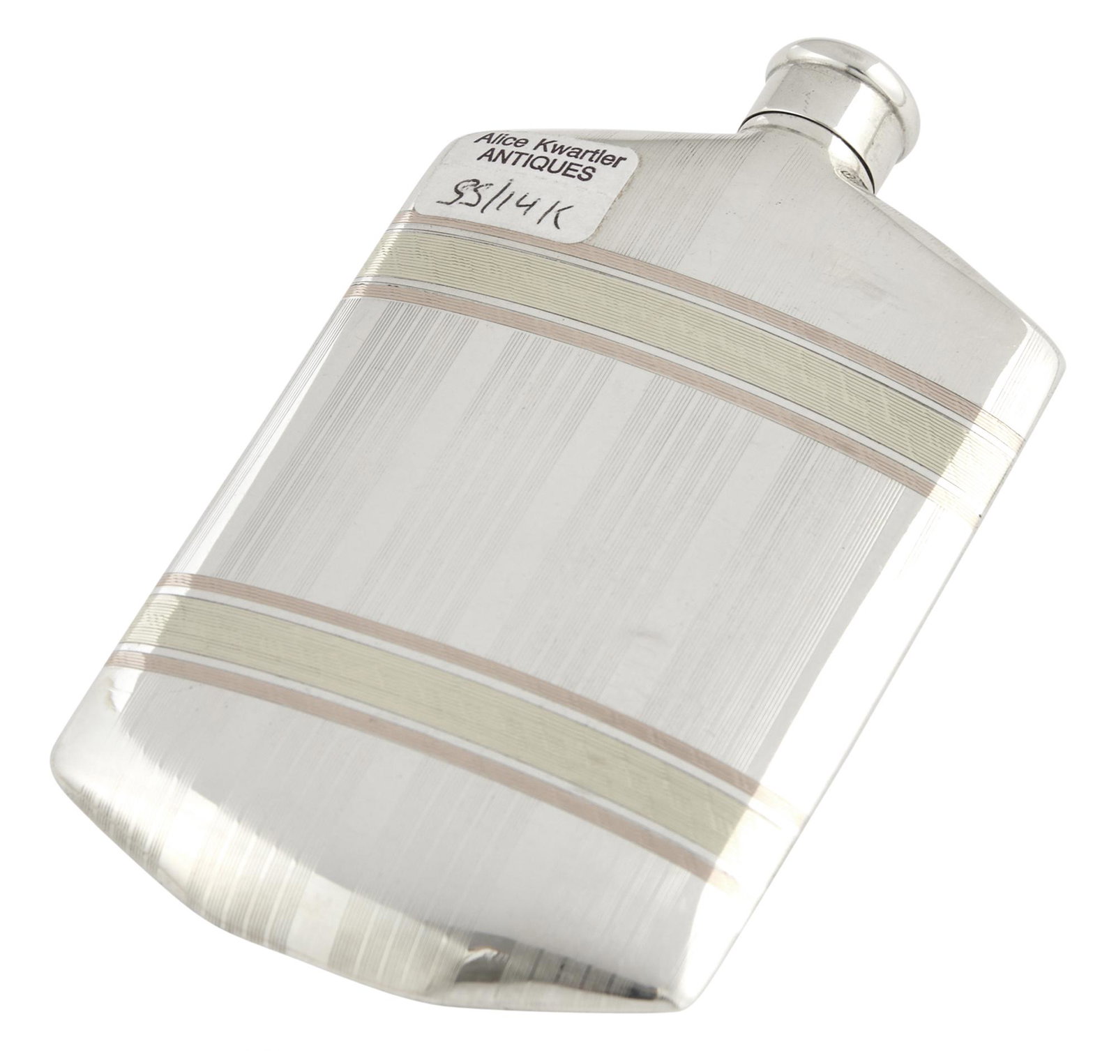 American Sterling Silver and 14 Karat Gold Pocket Flask: American Sterling Silver and 14 Karat Gold Pocket Flask 20th Century With engine turned decoration and two horizontal bands. Height 4 1/4 inches, approximately 2 ounces. C The Alice Kwartler Collectio