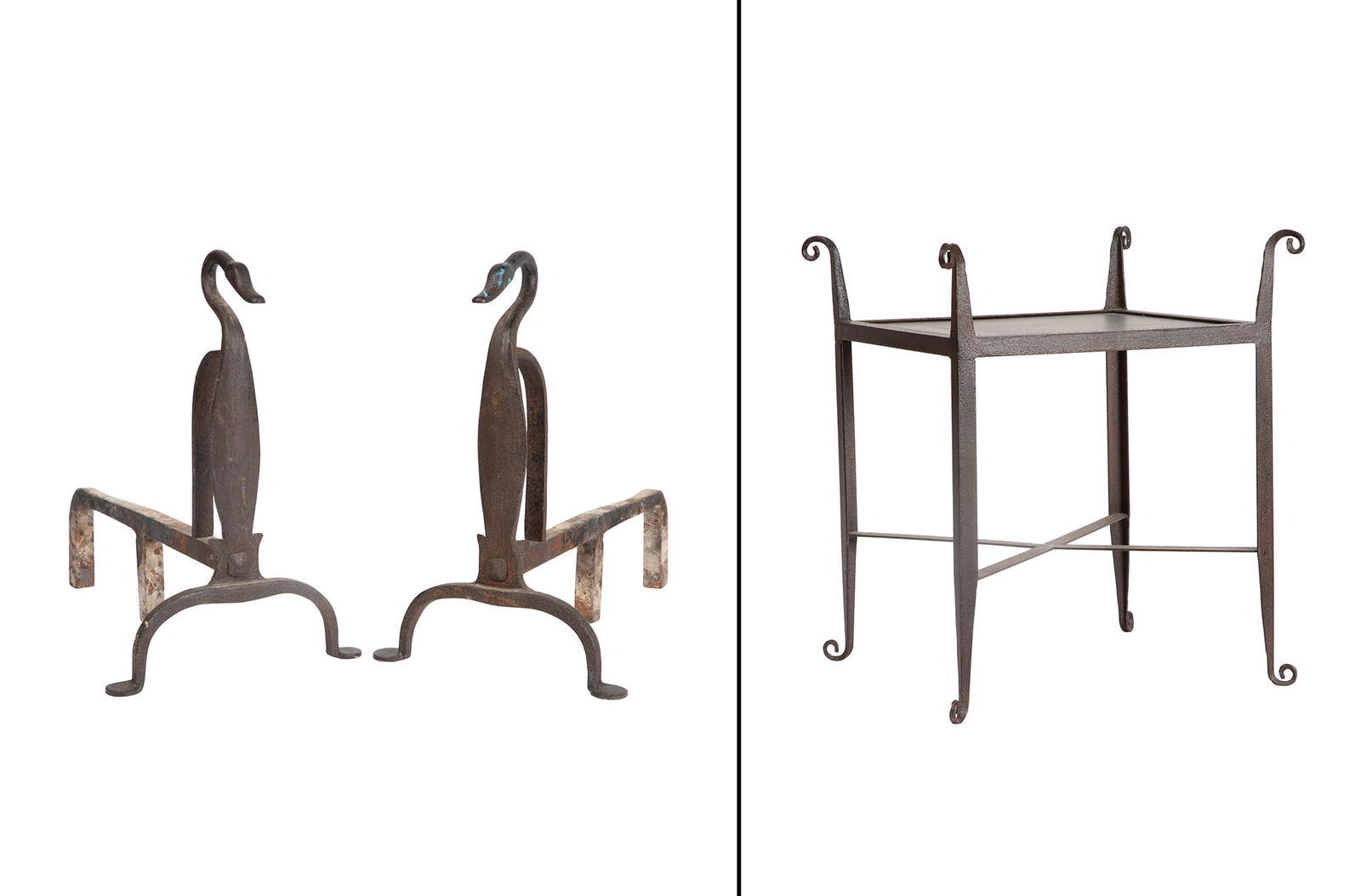 Slate-Inset Wrought Iron Occasional Table; Together with a Pair of Wrought-Iron Swan Head Andirons (1 of 11)