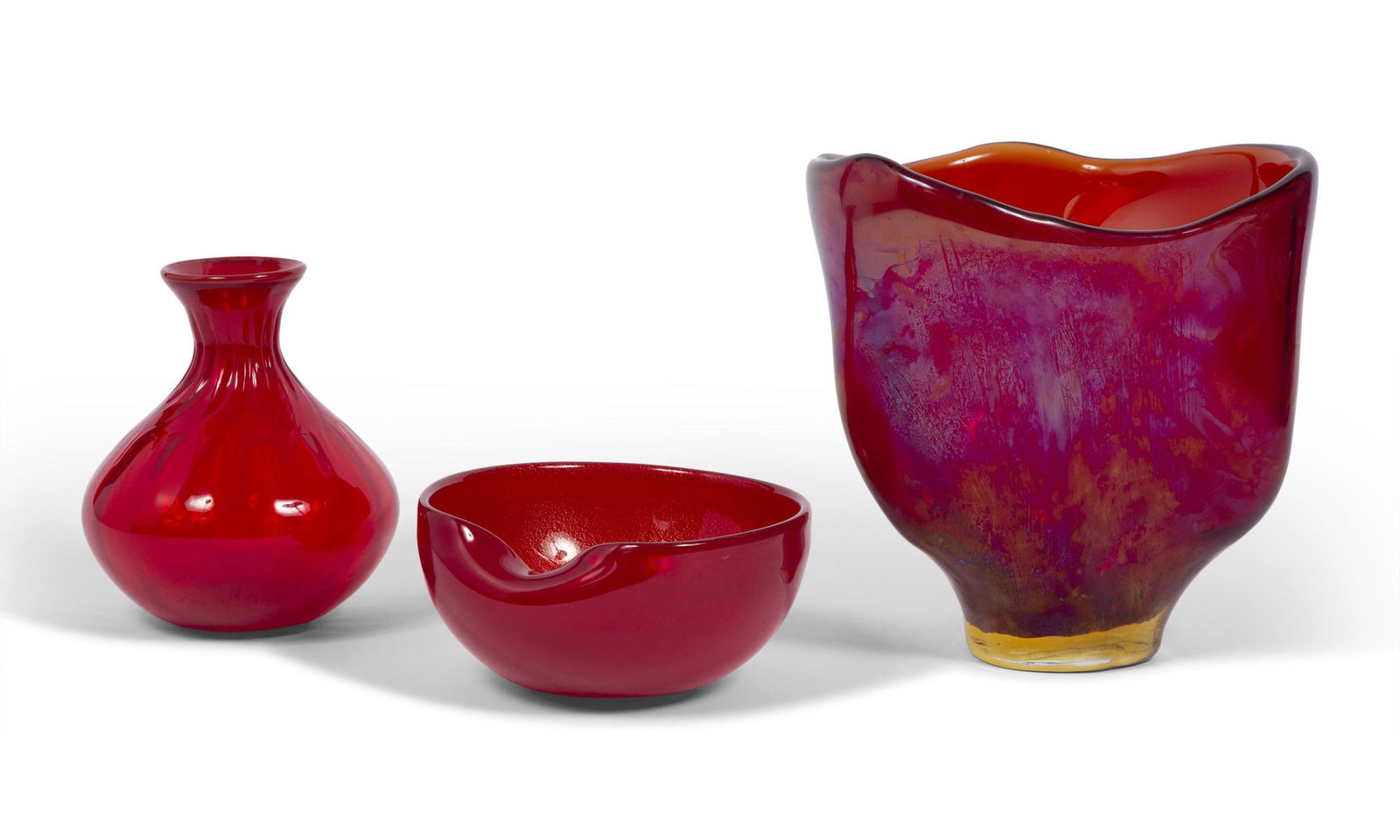 Two Murano Red Glass Vases; Together with an Elsa Peretti For Tiffany & Co. Gilt-Flecked Red Glass B: Two Murano Red Glass Vases Largest by Massimo Micheluzzi, signed and dated 2012. Height of largest 9 1/2 inches; Together with an Elsa Peretti for Tiffany Gilt-Flecked Red Glass Bowl, width 7 1/8 inch
