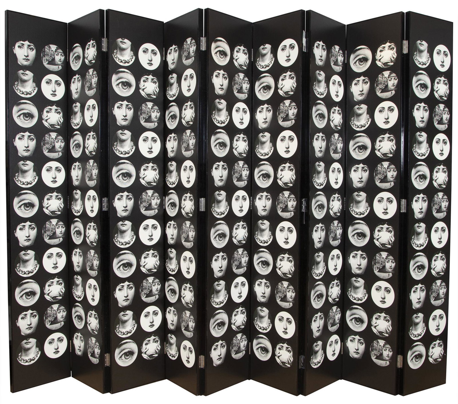 Black Lacquer and Fornasetti Wallpaper Nine-Panel Screen (1 of 9)