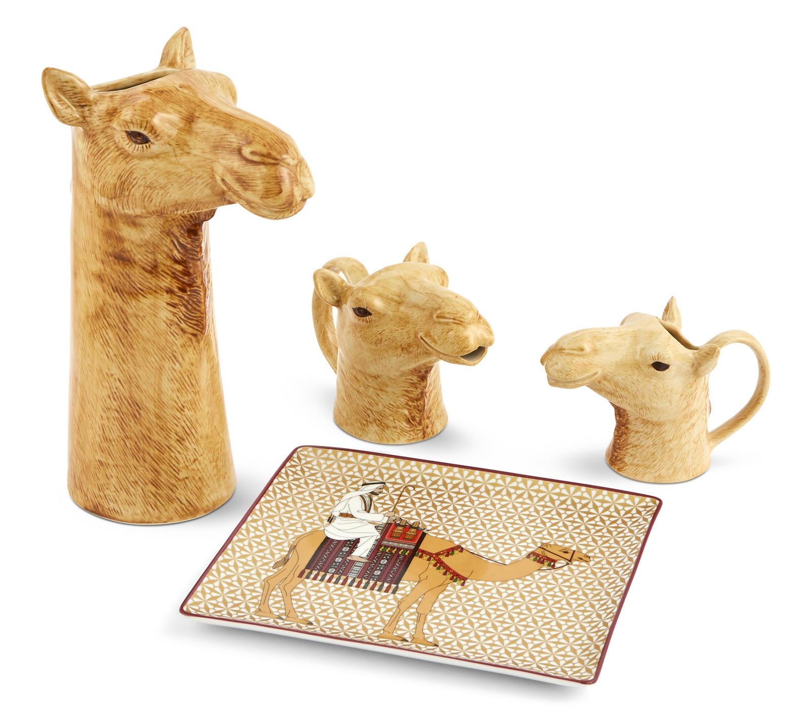 Group of Camel Motif Ceramics: Group of Camel Motif Ceramics Comprising a vase, three creamers marked Quail, and a Bernardaud tray. Height of vase 10 1/4 inches, length of tray 8 3/4 inches. Provenance: Talmaris, Paris, for vase an