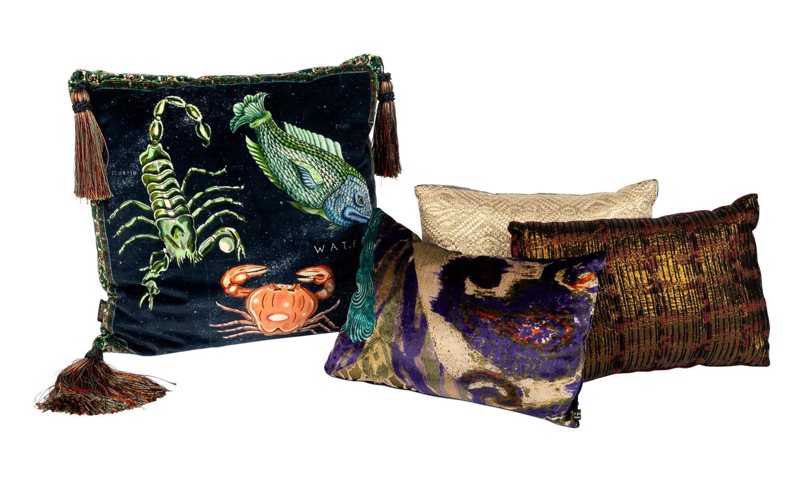 Group of Four Throw Pillows: Group of Four Throw Pillows Comprising three Etro examples, 13 x 9 inches; and a House of Hackney example, 16 inches, square. C The Collection of Whitney Robinson & Marc Karimzadeh