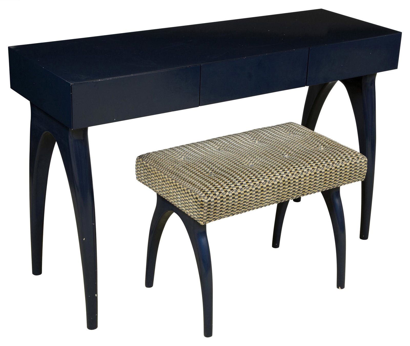 Navy Lacquered Dressing Table; Together with an Upholstered and Lacquered Bench (1 of 7)