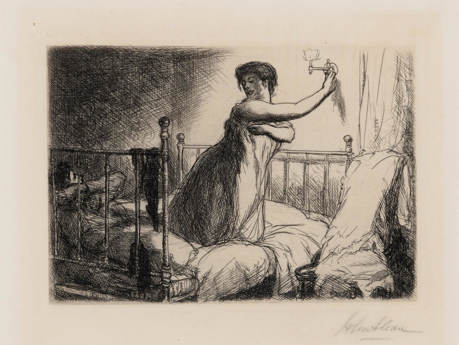 John Sloan TURNING OUT THE LIGHT (MORSE 134) Etching, framed, estimate pending inspection out of (1 of 3)