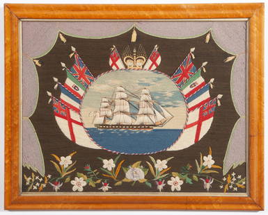 Woolwork Picture of a British Clipper Ship: Woolwork Picture of a British Clipper Ship England, second half 19th century The central reserve depicting the vessel surrounded by flags and surmounted by a crown, all bordered on three sides by gath